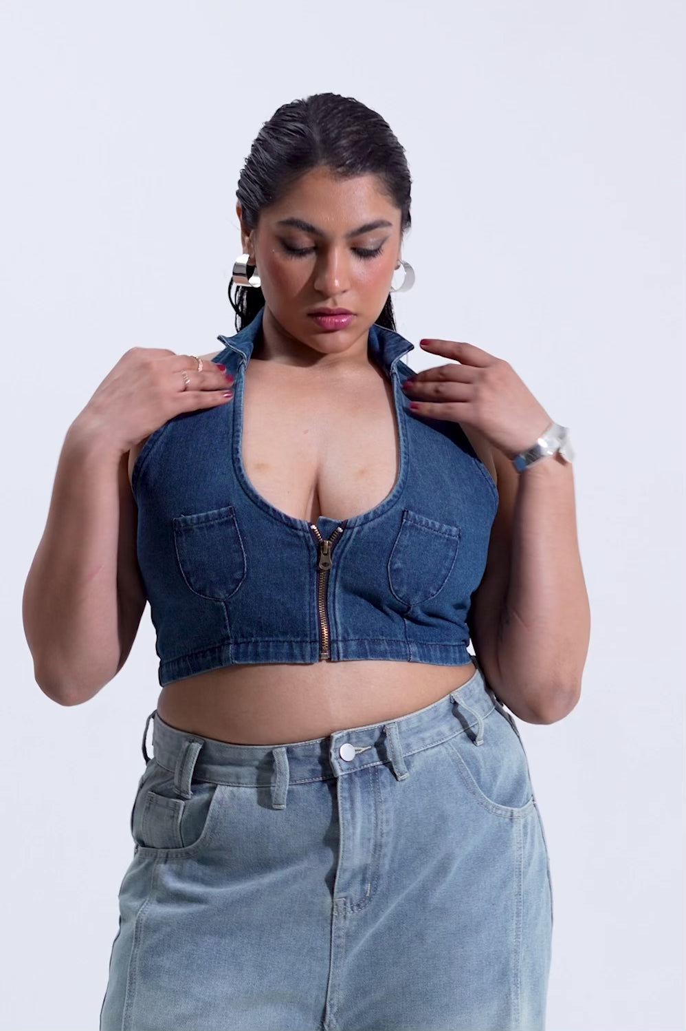 Curve Blue Cropped Denim Halter Top