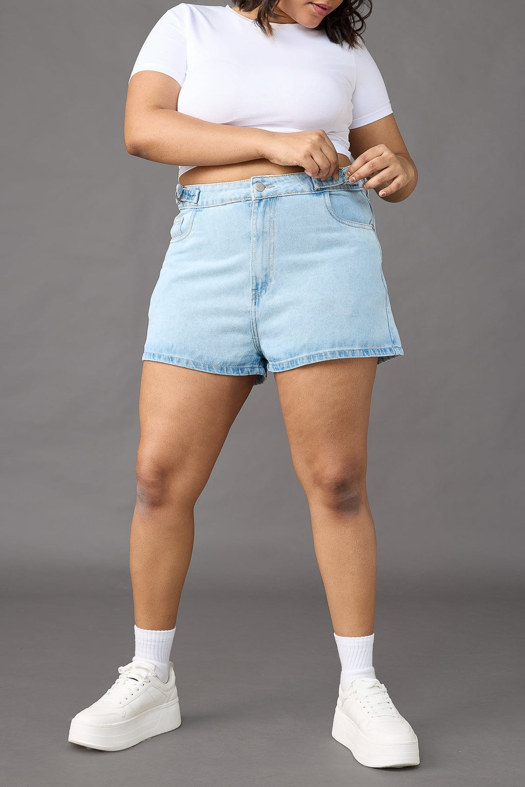 Curve Light Blue Adjustable Waistband Shorts