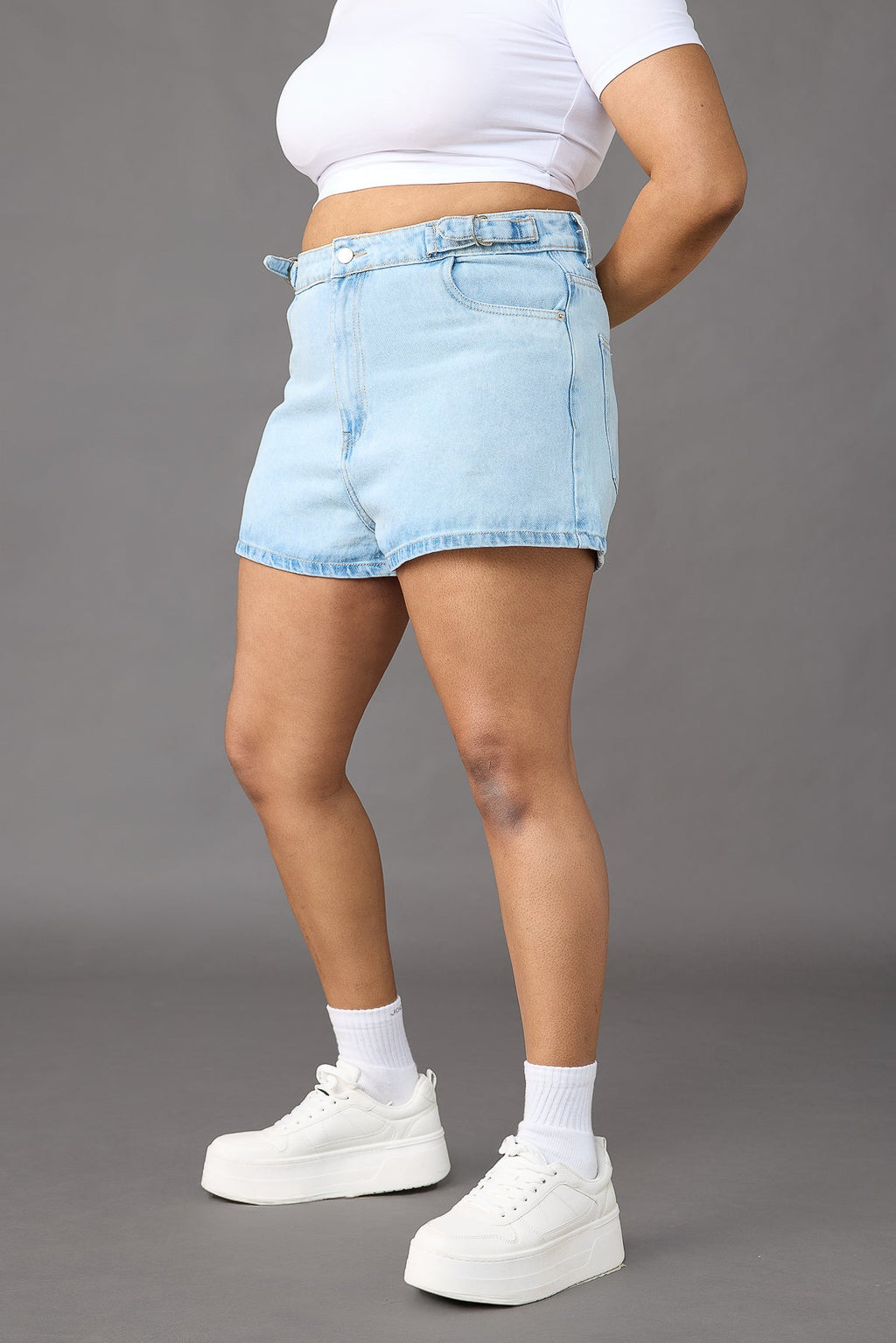 Curve Light Blue Adjustable Waistband Shorts
