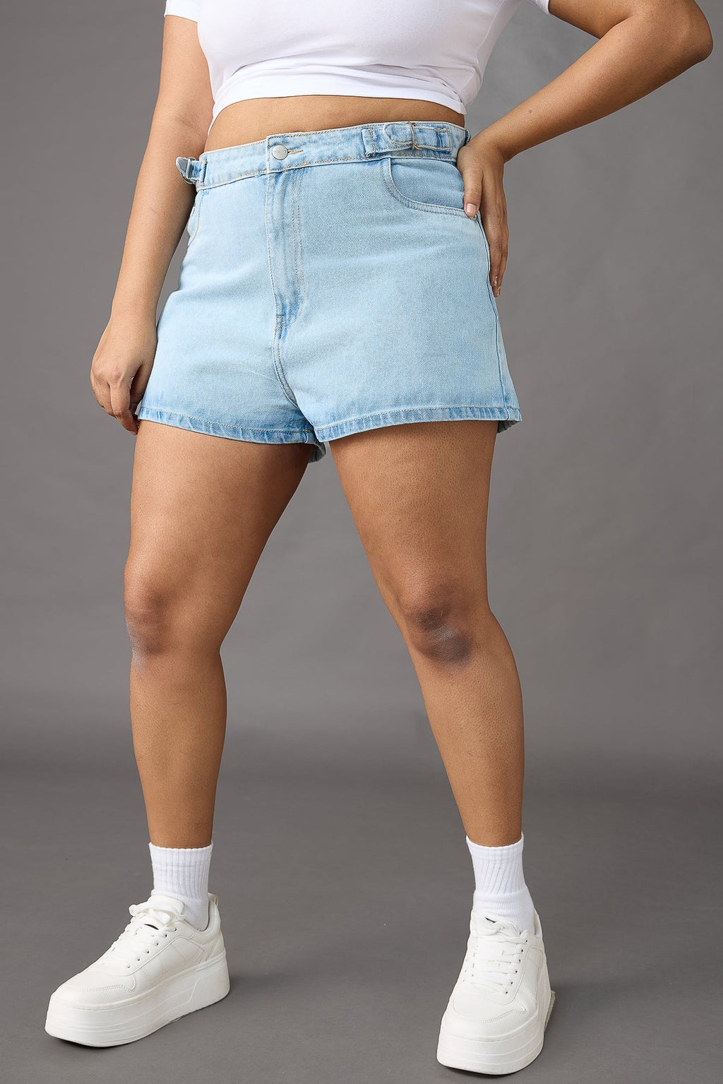 Curve Light Blue Adjustable Waistband Shorts