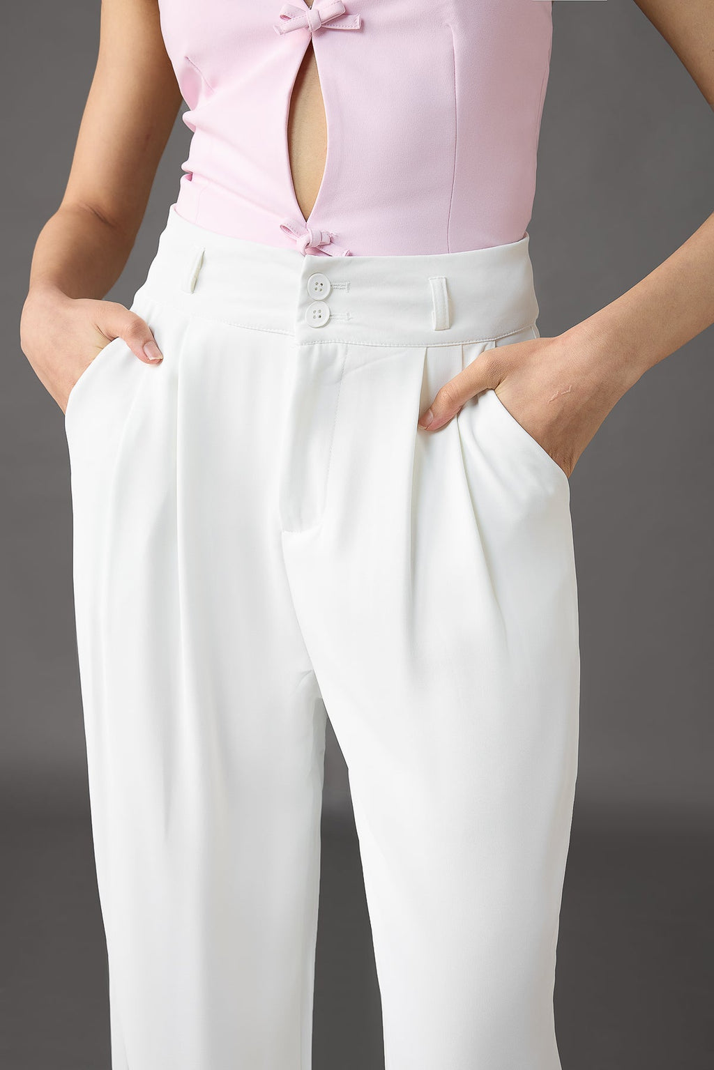 White Pleated Women's Straight Korean Pants