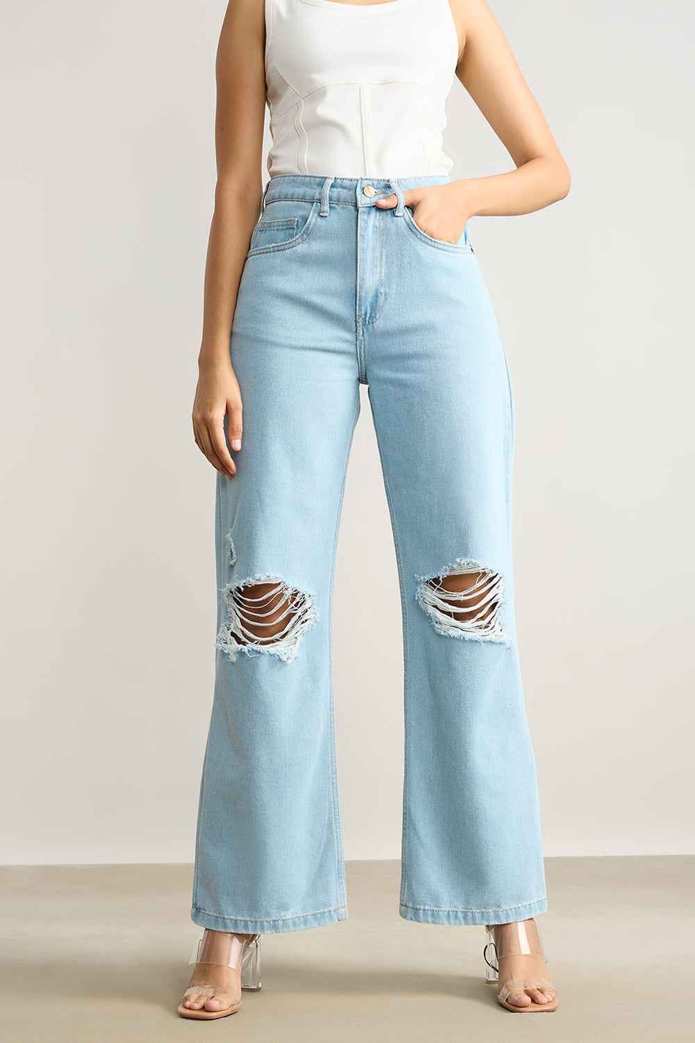 True Blue Distressed Women's Wide Leg Jeans