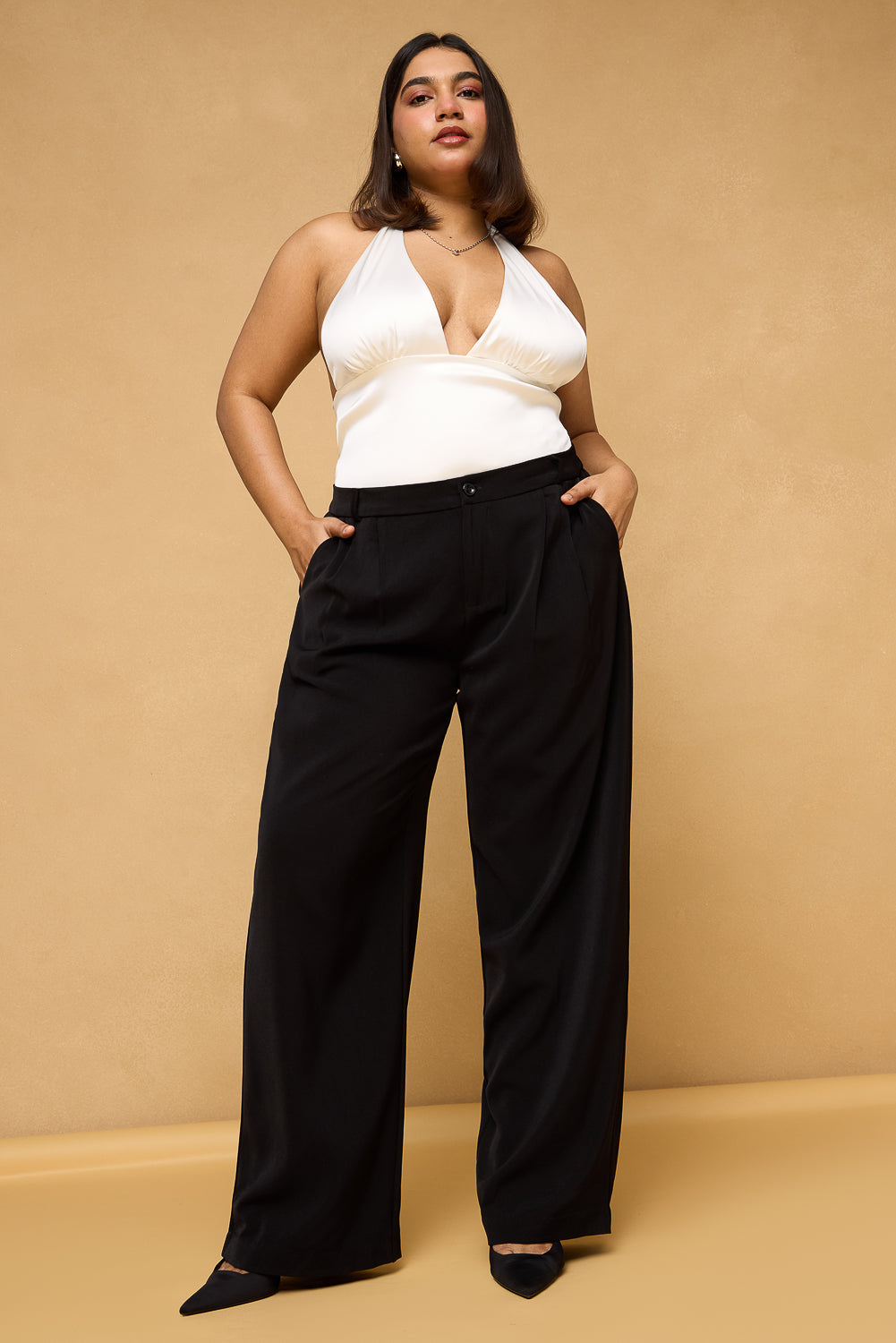 Curve Women's Black Pleated Straight Korean Pants