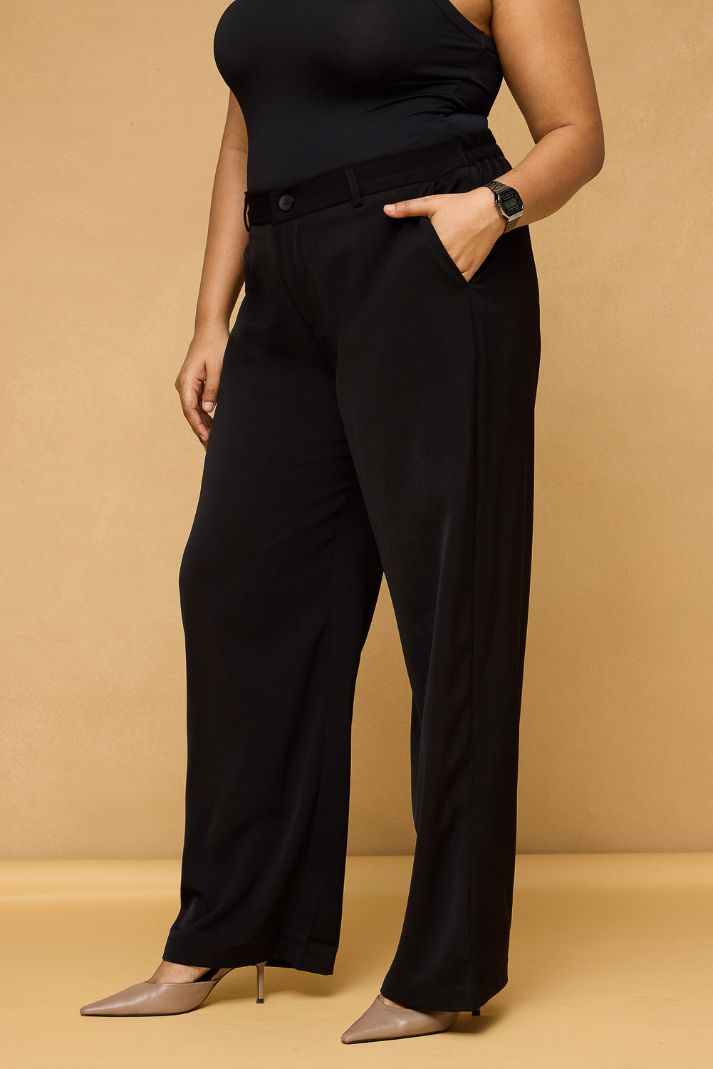 Curve Pitch Black Elasticated Straight Korean Pants