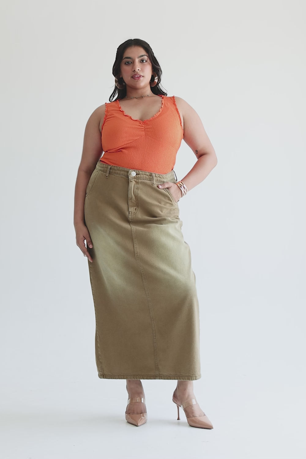 Curve Dark Fawn Long Straight Denim Skirt