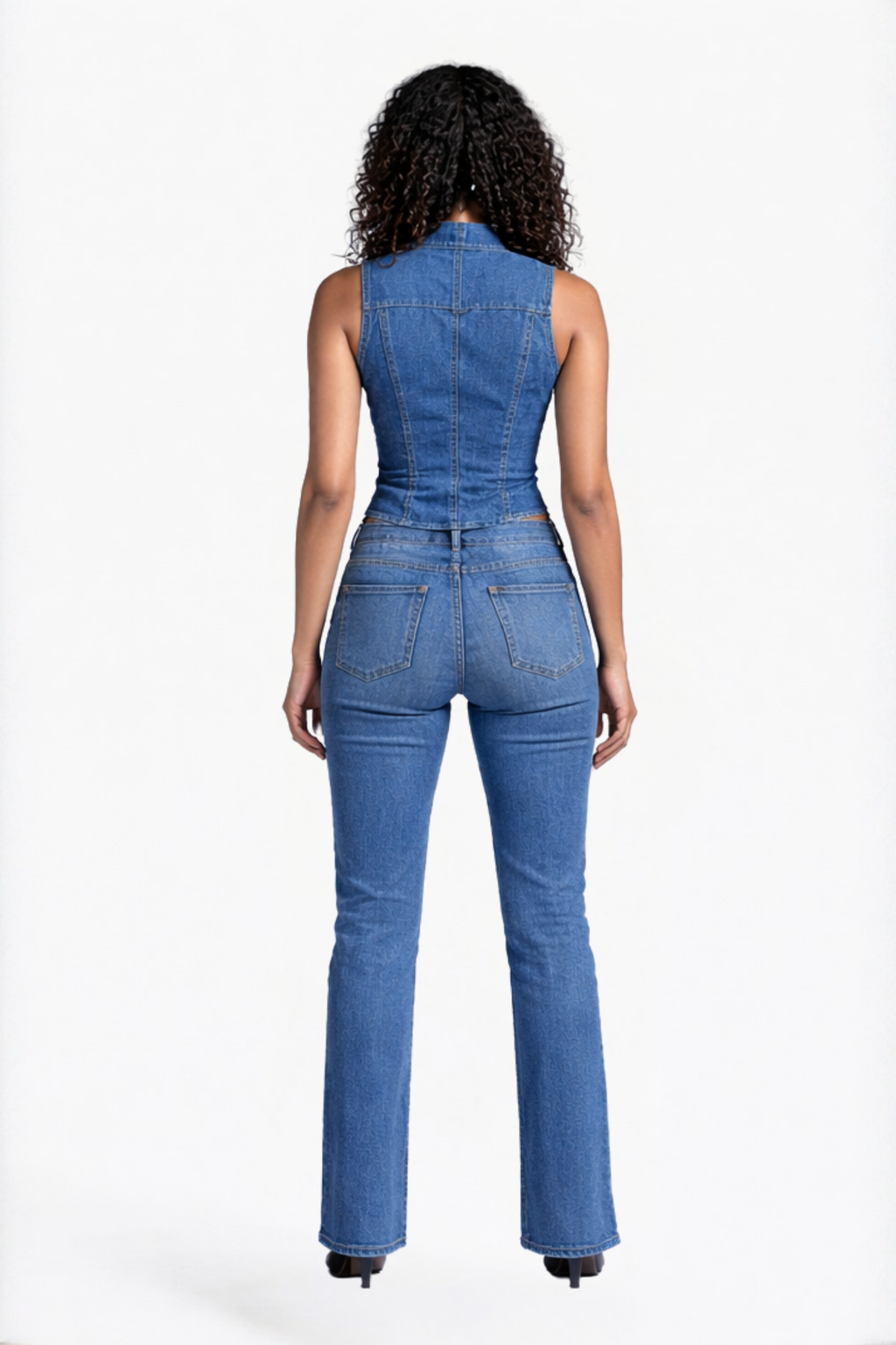 Blue Denim Mandarin-Collar Sleeveless Vest Top