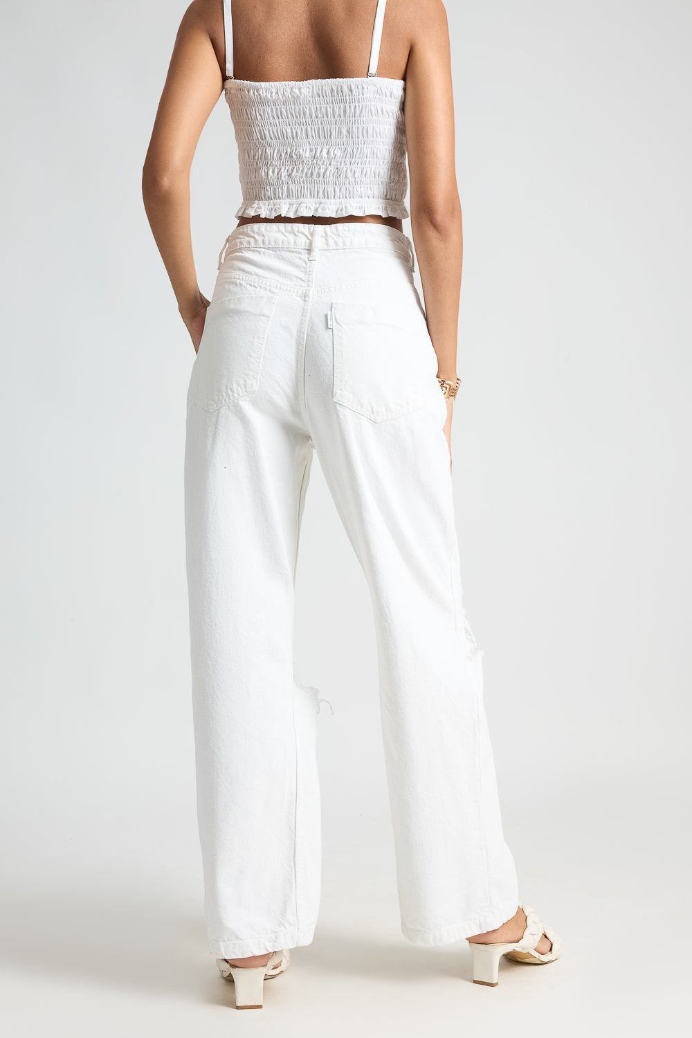 White Distressed Knee Women's Wide Leg Jeans