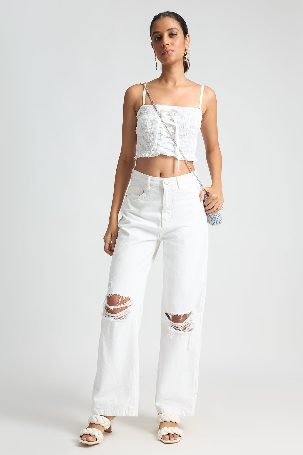White Distressed Women's Wide Leg Jeans