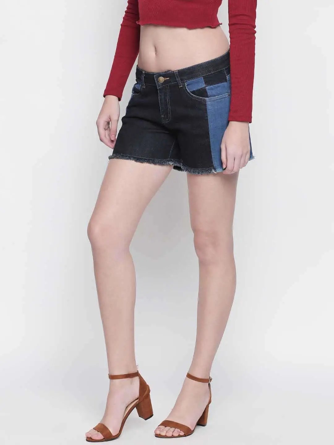 Black Patched Denim Shorts