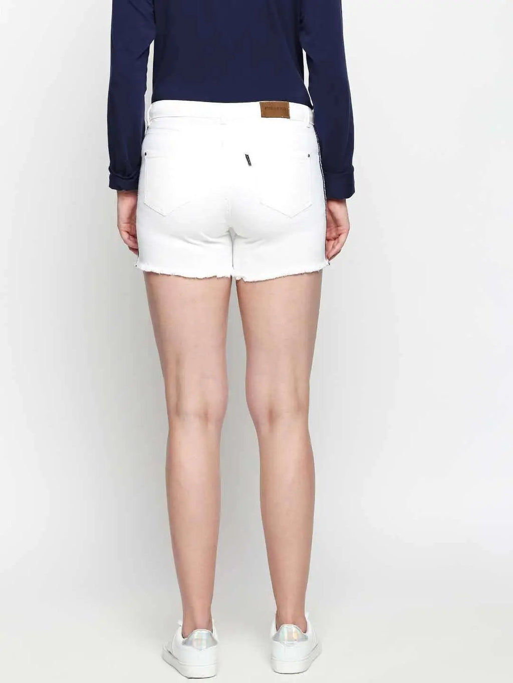 White Denim Shorts With Blue Side Tape Detail
