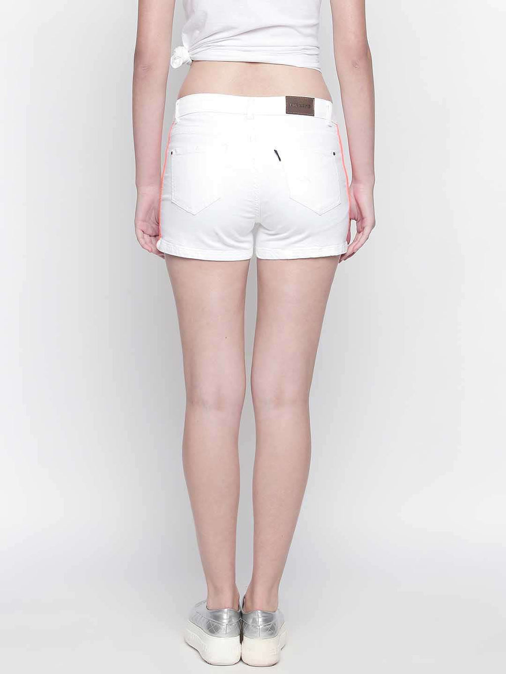 White Denim Shorts With Side Tape Detail