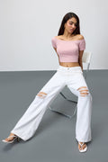 Pearl White Ripped Women's Wide Leg Jeans