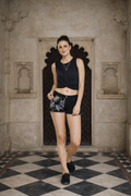 Black Mid Rise Tropical Printed Denim Shorts