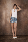 Light Blue Embroidered Denim Distressed Skirt