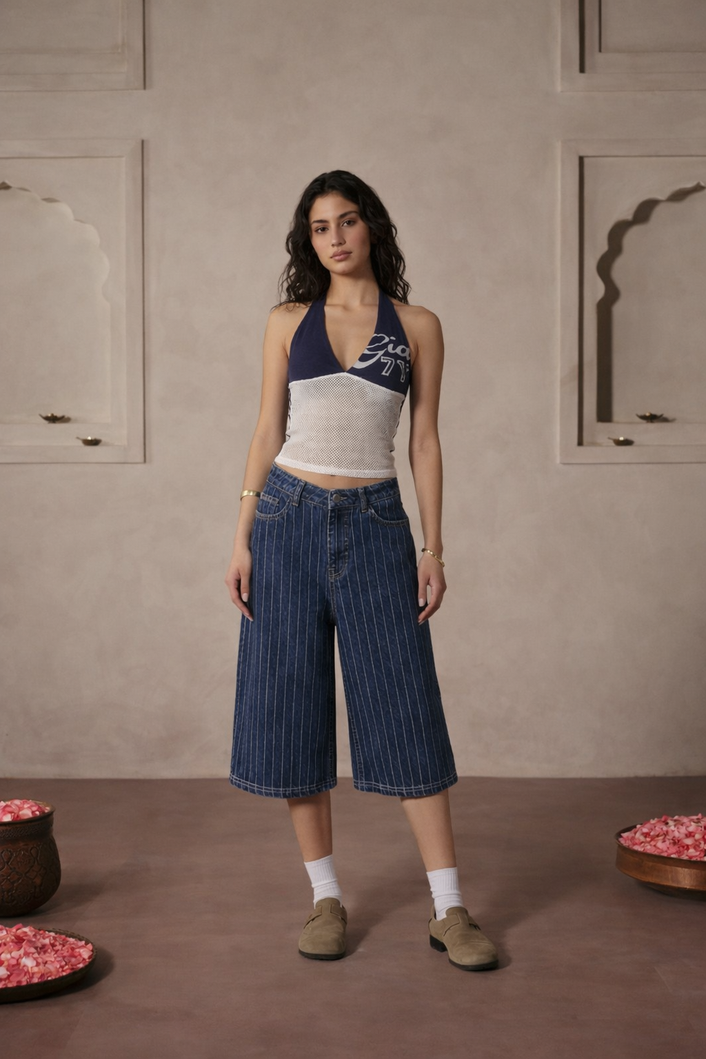 Blue Denim Striped Bermuda Shorts
