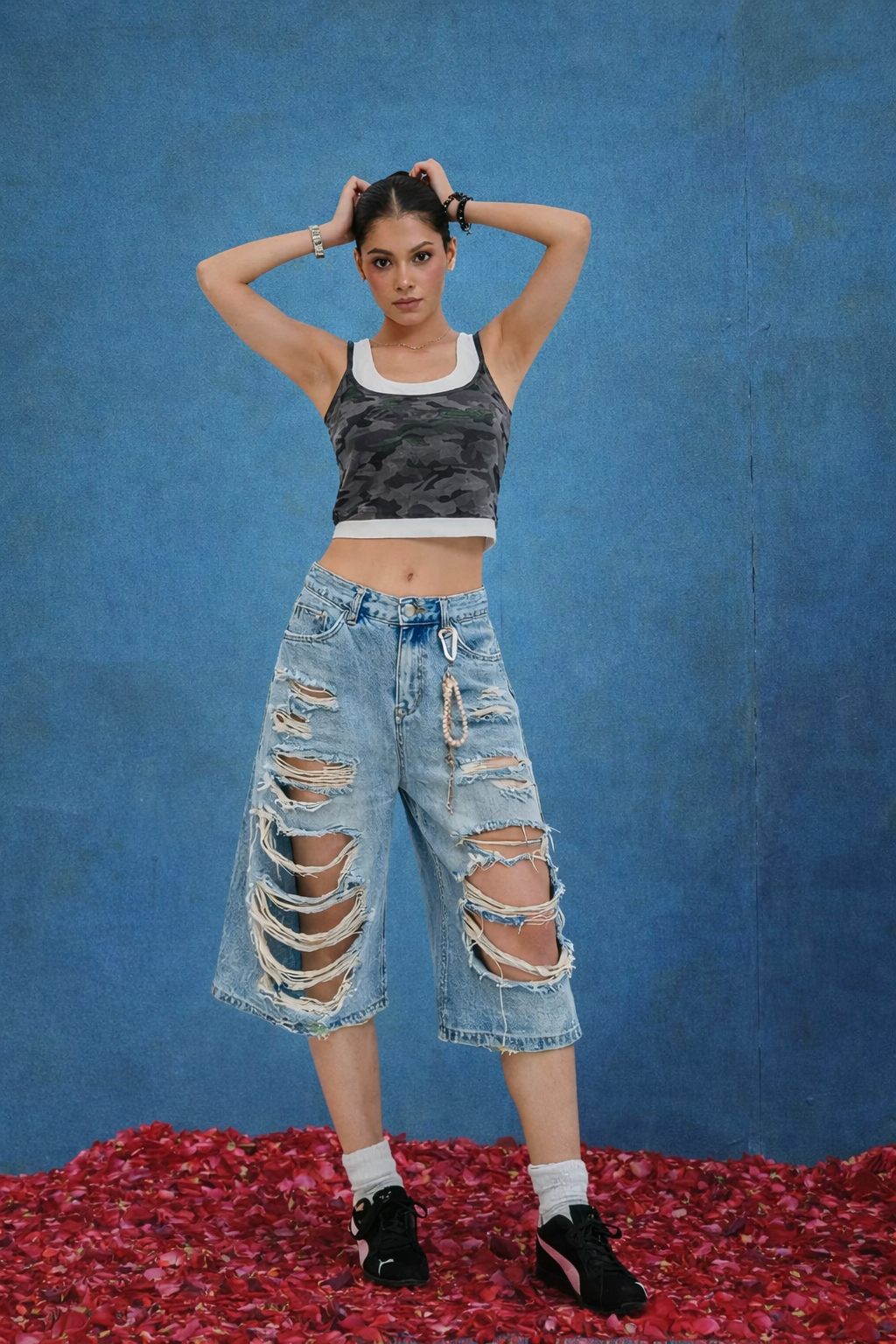 Light Wash Distressed Denim Bermuda Shorts