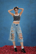 Light Wash Distressed Denim Bermuda Shorts