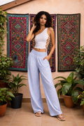 Blue Checked Wide-Leg Pants