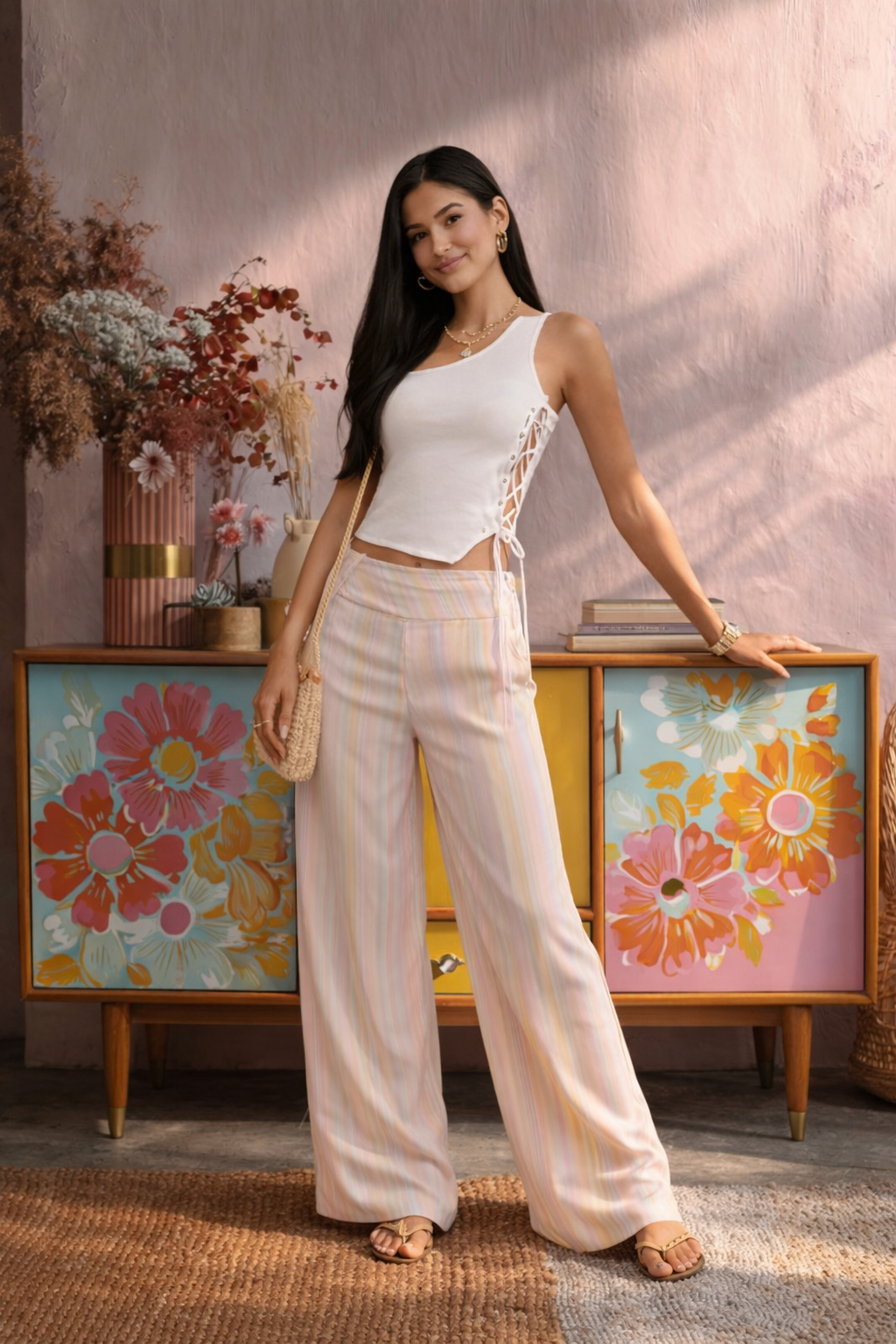 Pink Striped Drawstring Wide-Leg Pants