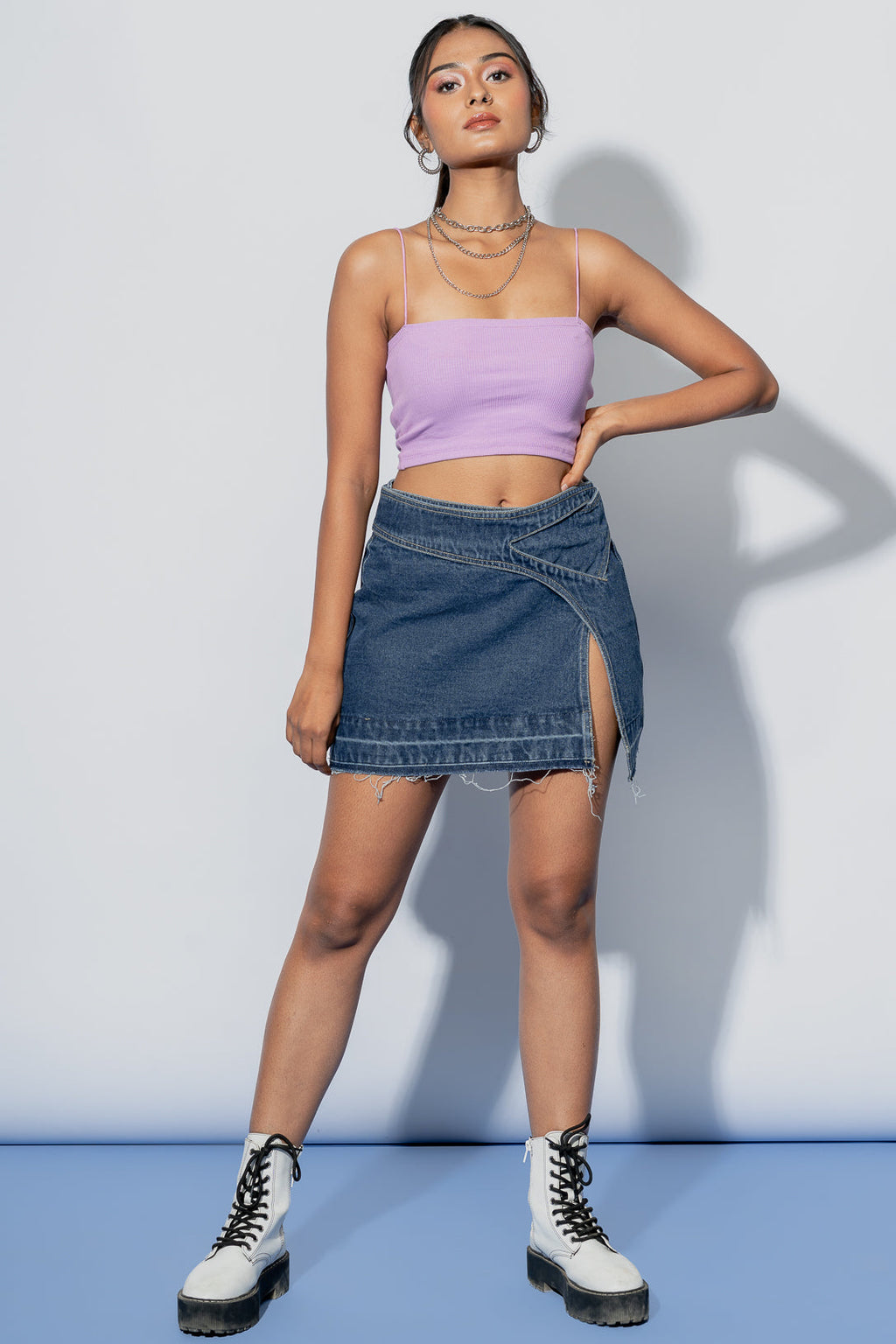 Belted Front Slit Denim Skirt