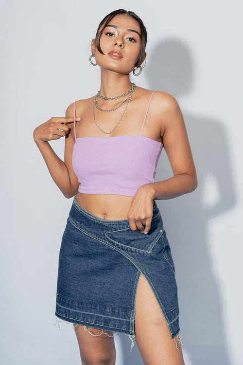 Belted Front Slit Denim Skirt