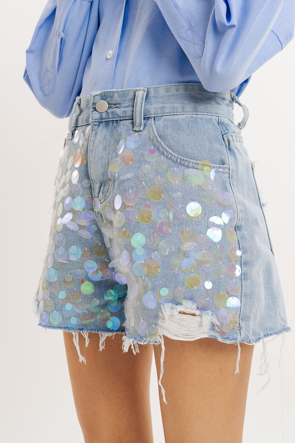 Blue Sequin Embellished Denim Short
