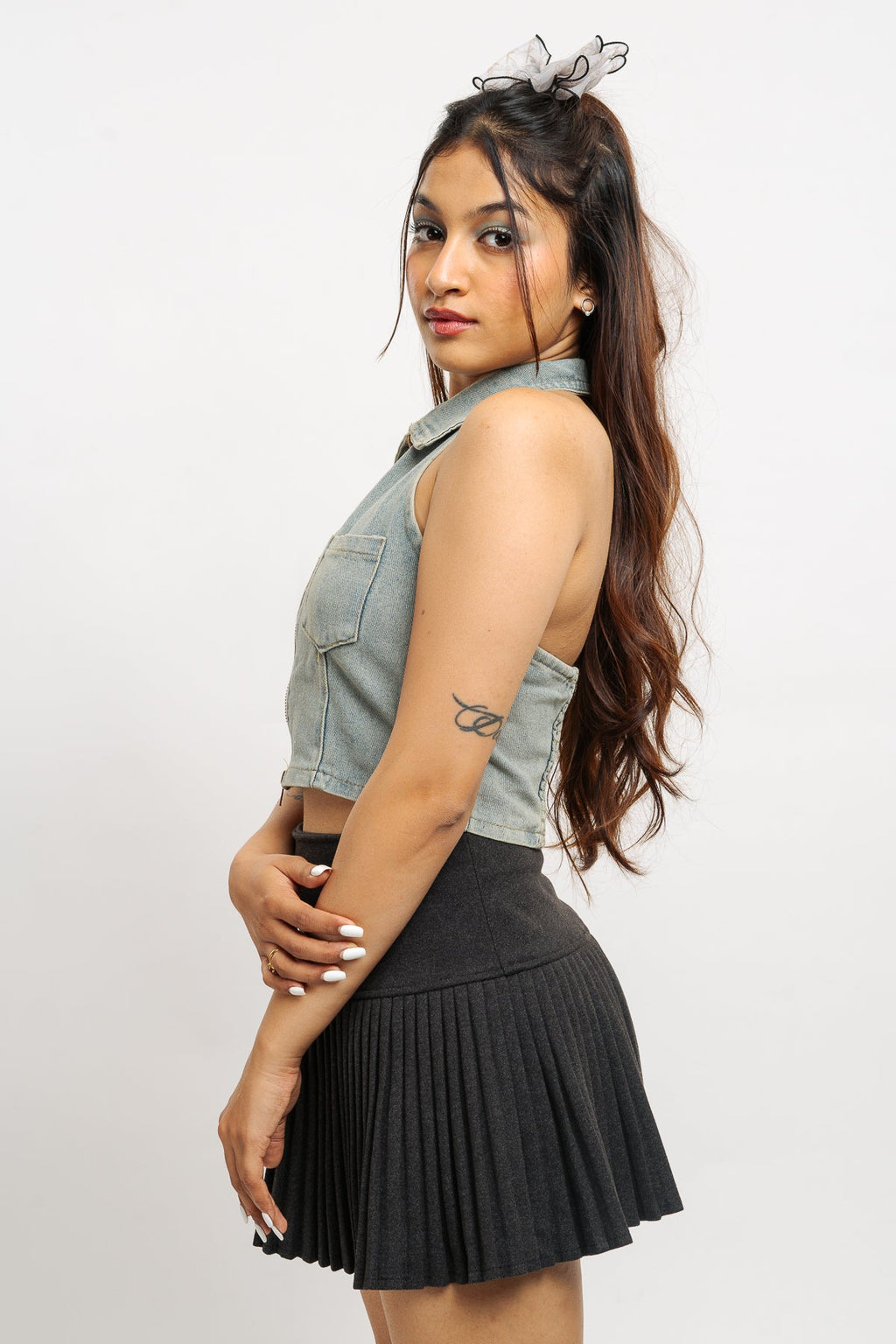 Denim Zipper Halter Top