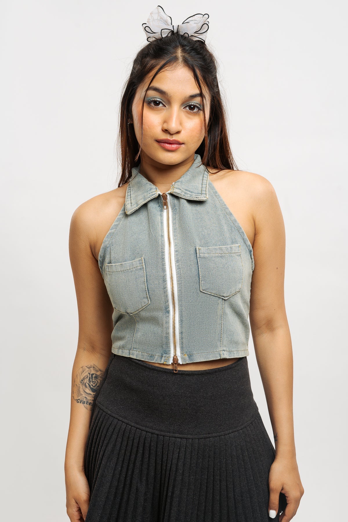Denim Zipper Halter Top