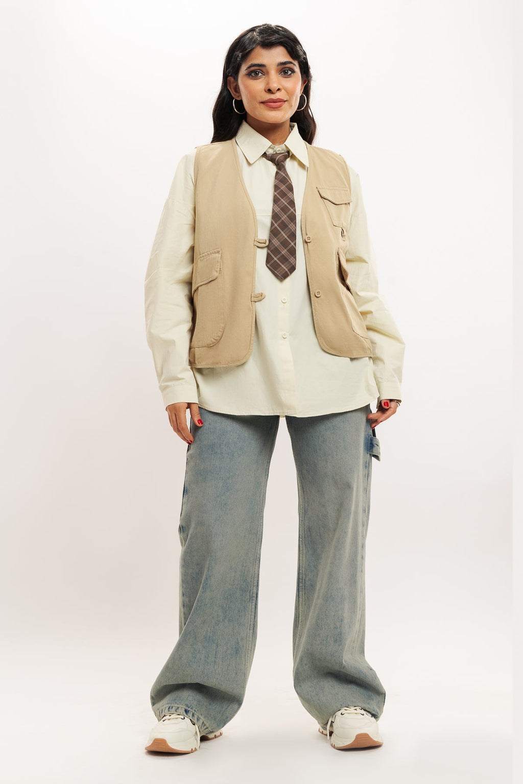 Brown Vested Shirt With Tie