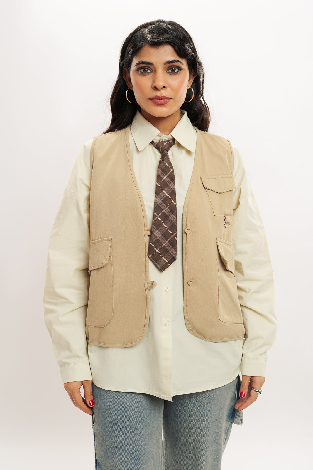 Brown Vested Shirt With Tie