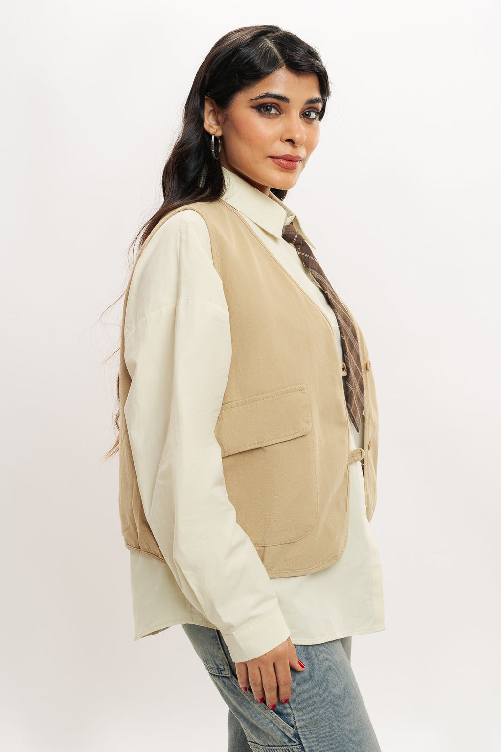 Brown Vested Shirt With Tie