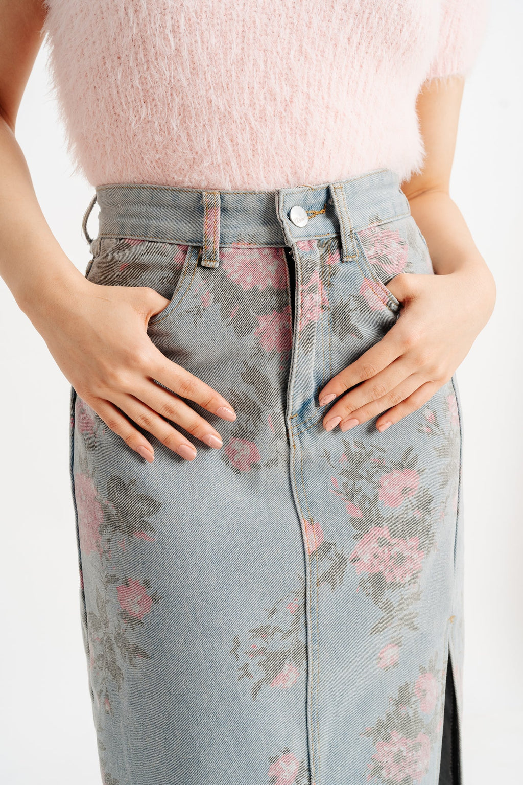 Blue Floral Denim Slit Skirt