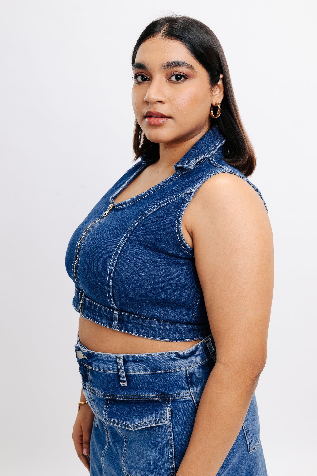 Halter Front Zip Denim Top
