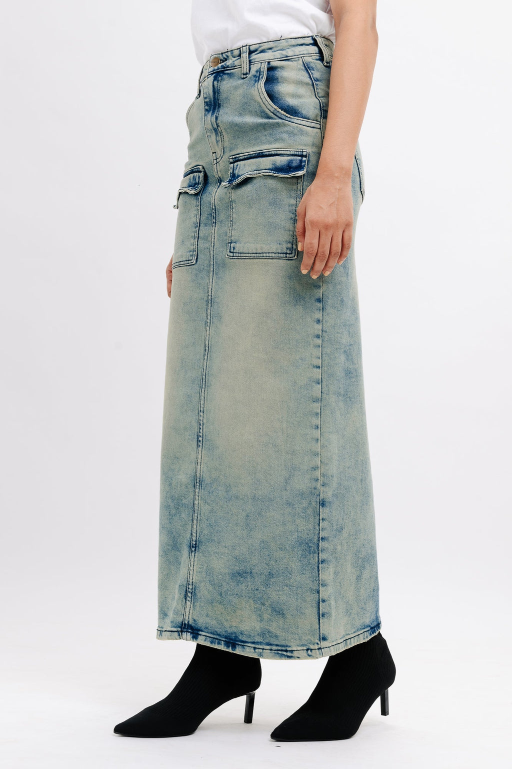 Denim Patch Pocket Retro Maxi Skirt