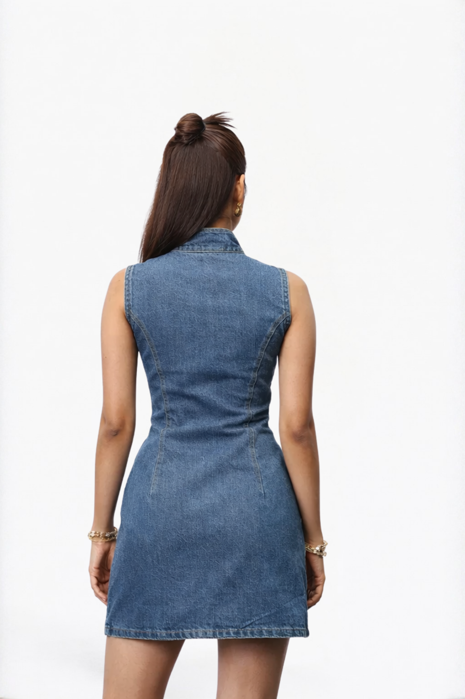 Blue Mandarin-Collar Denim Mini Dress