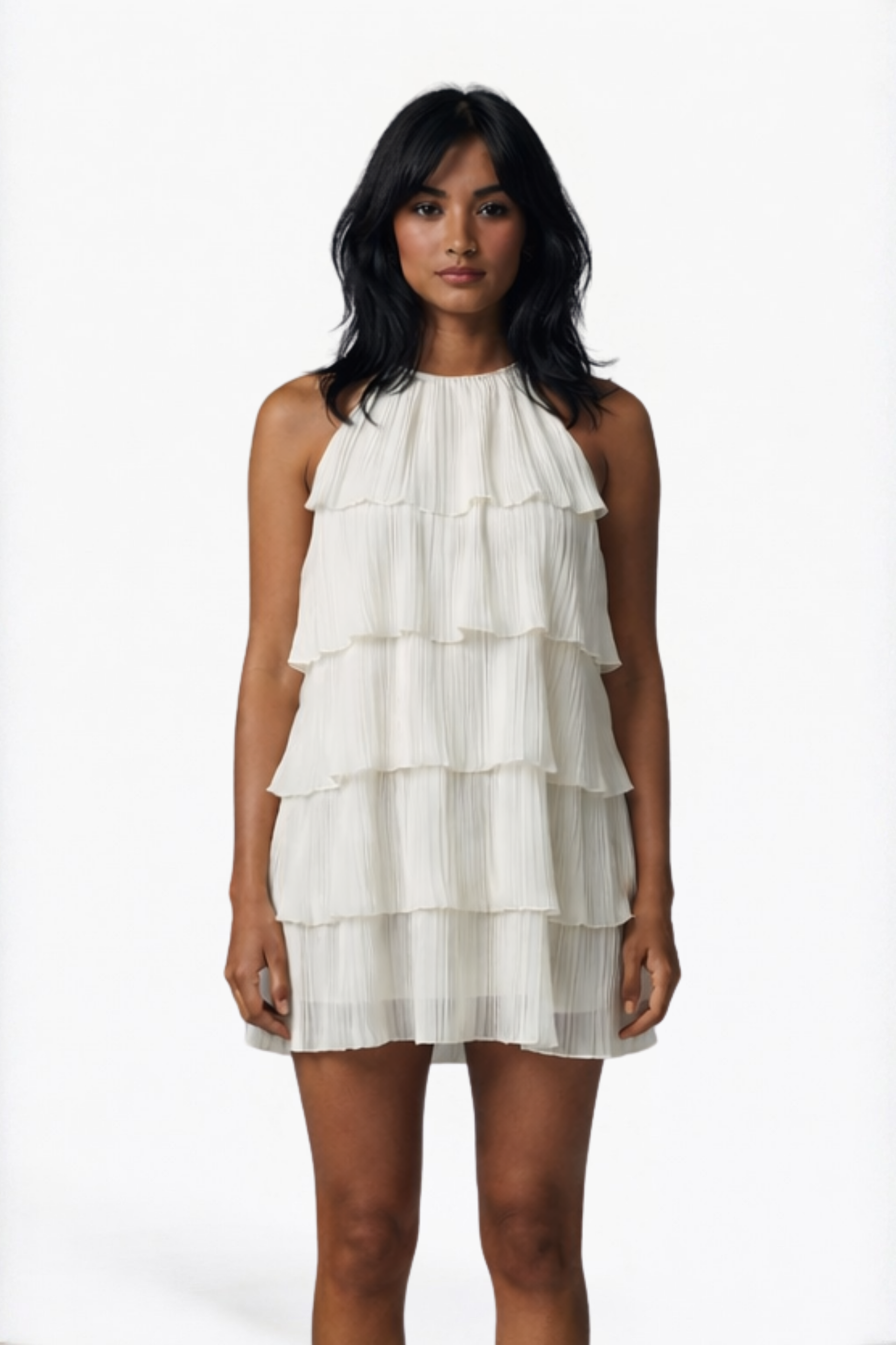 Ivory Tiered Ruffle Halter Neck Mini Dress