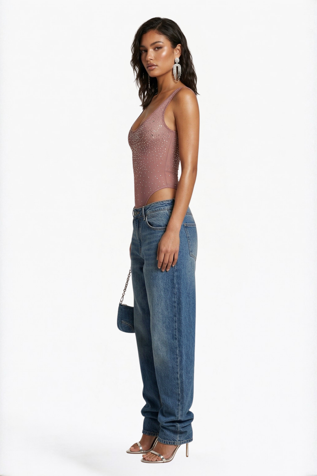 Dusty Rose Crystal-Embellished Sheer Mesh Bodysuit