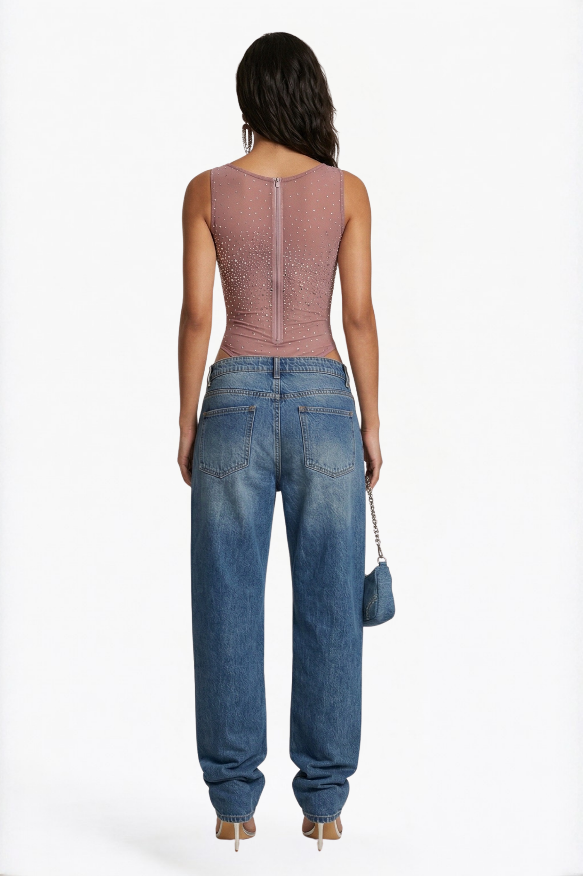 Dusty Rose Crystal-Embellished Sheer Mesh Bodysuit