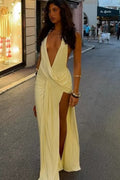 Butter Yellow Halter Cut-Out Wrap Maxi Dress
