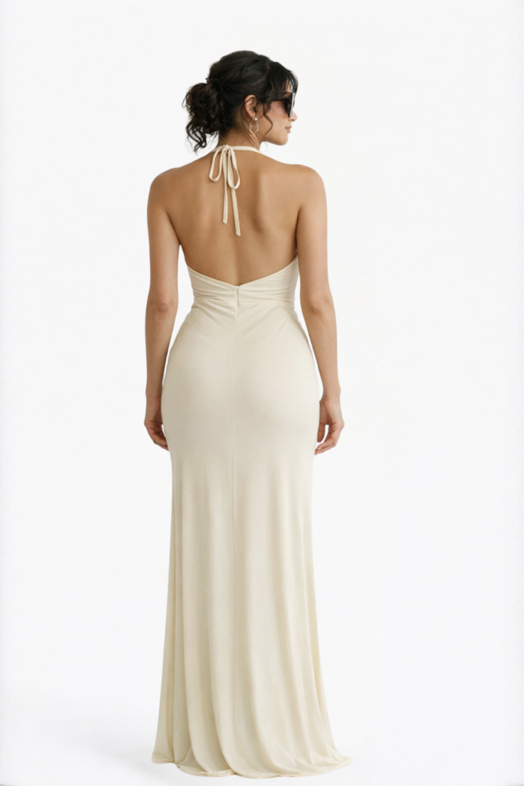 Cream Halter Neck Backless Twist-Front Maxi Dress