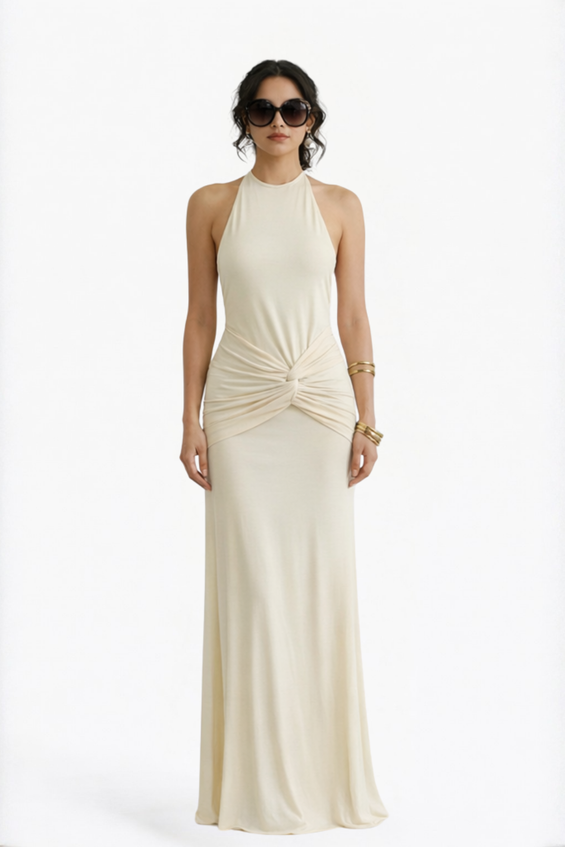 Cream Halter Neck Backless Twist-Front Maxi Dress