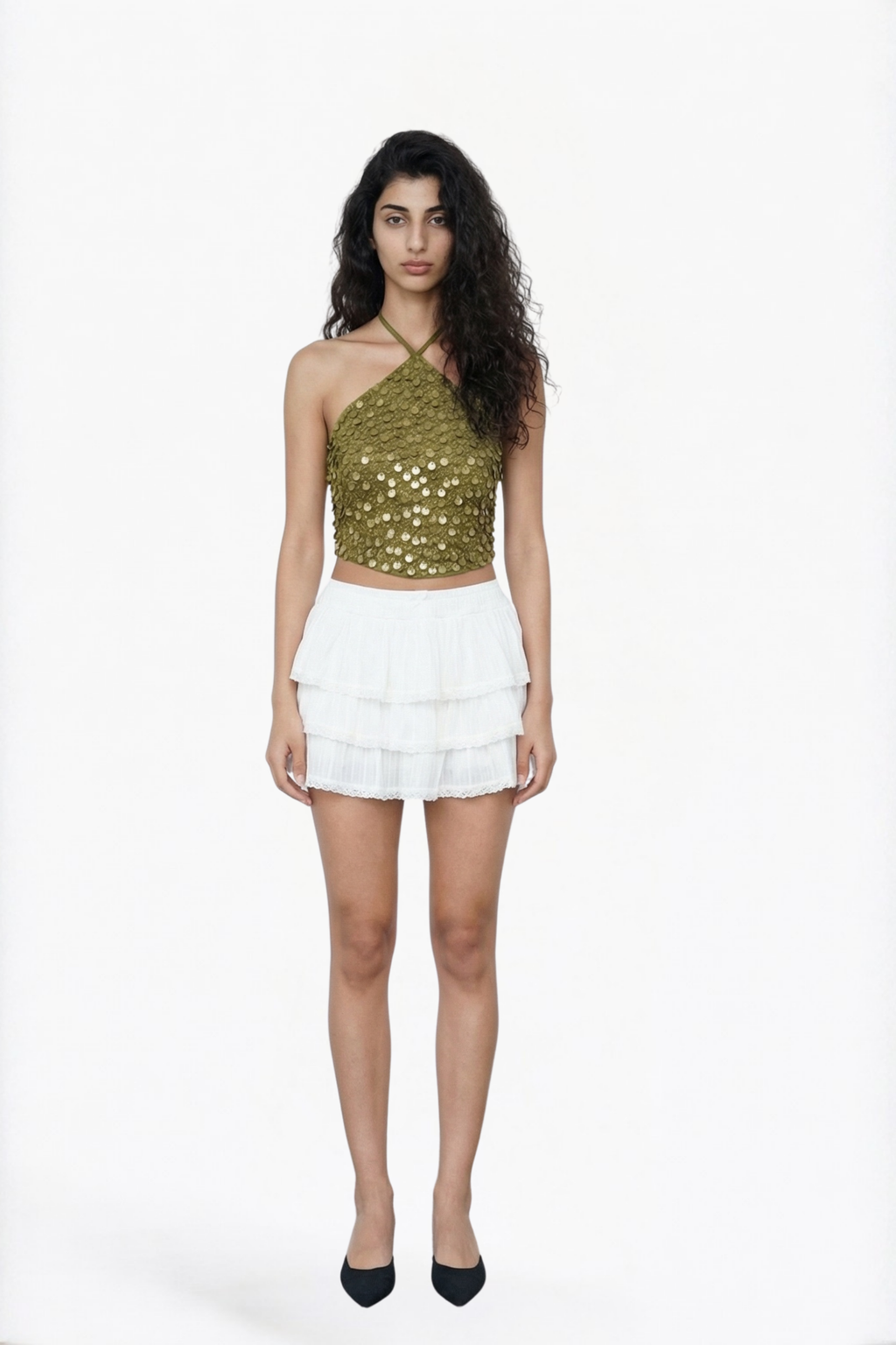 Olive Gold Sequin Halter Crop Top