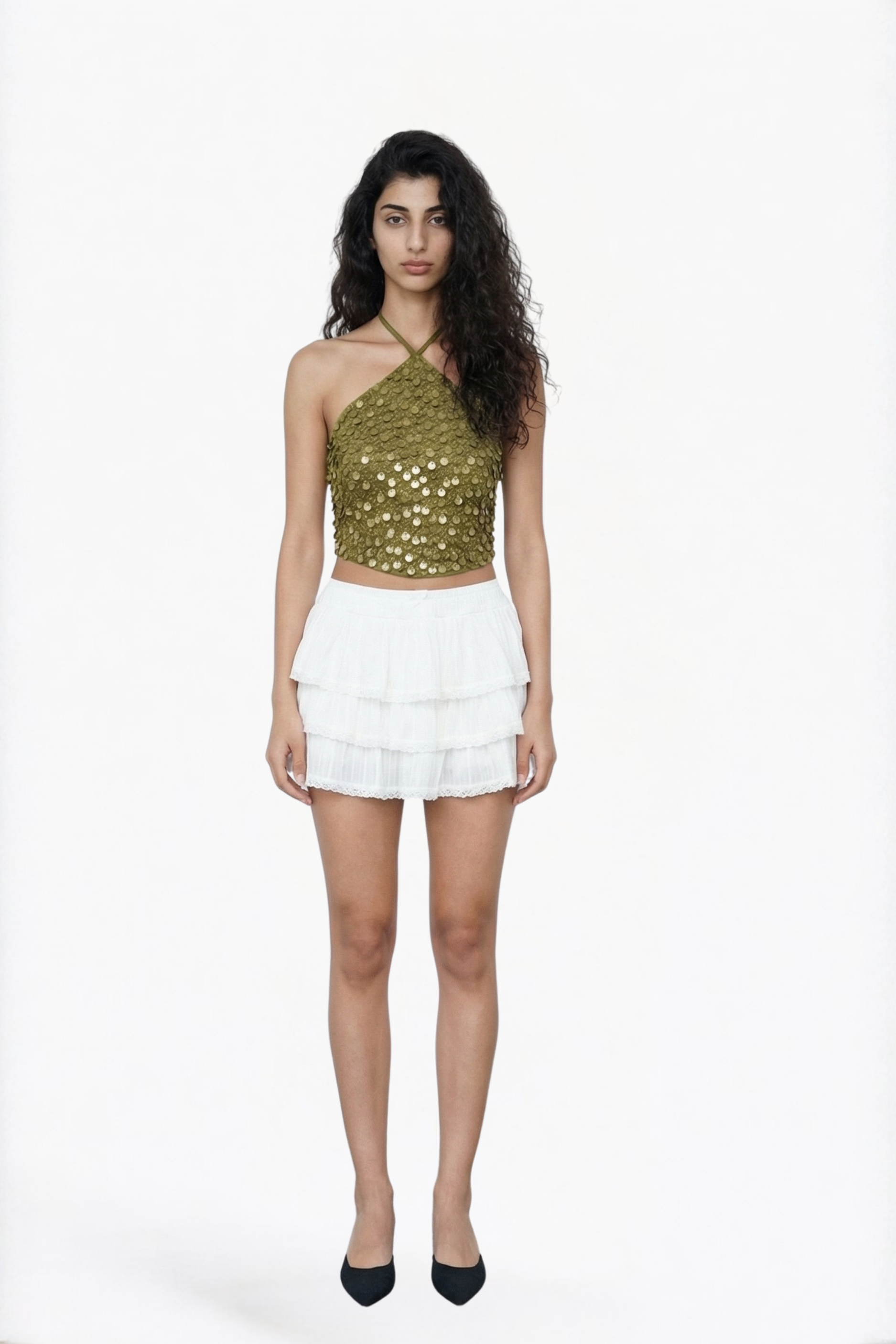 Olive Gold Sequin Halter Crop Top