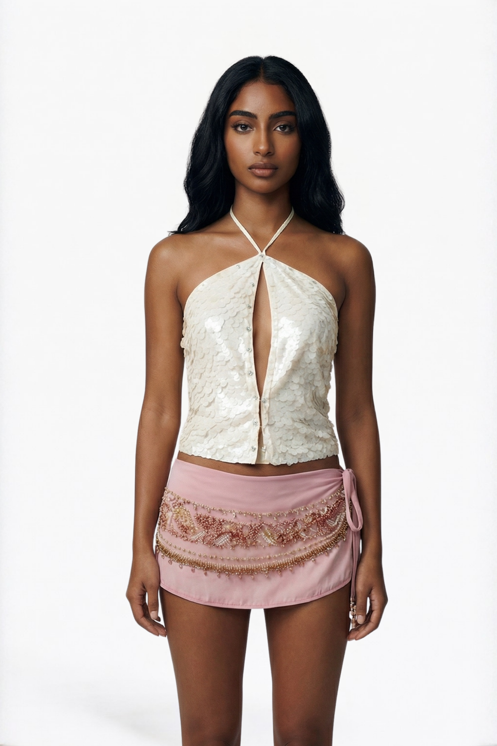 White Sequin Halter Neck Top