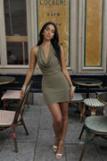 Olive Green Cowl Halter Rhinestone Mini Dress