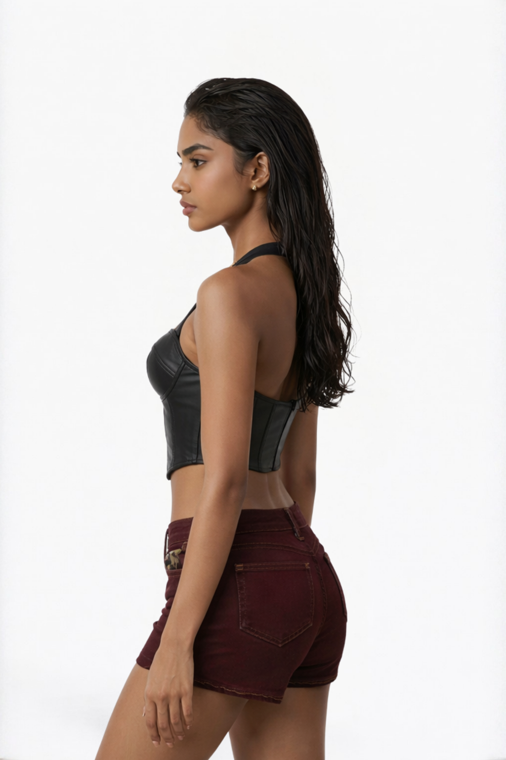 Burgundy Leopard Patch Denim Mini Shorts