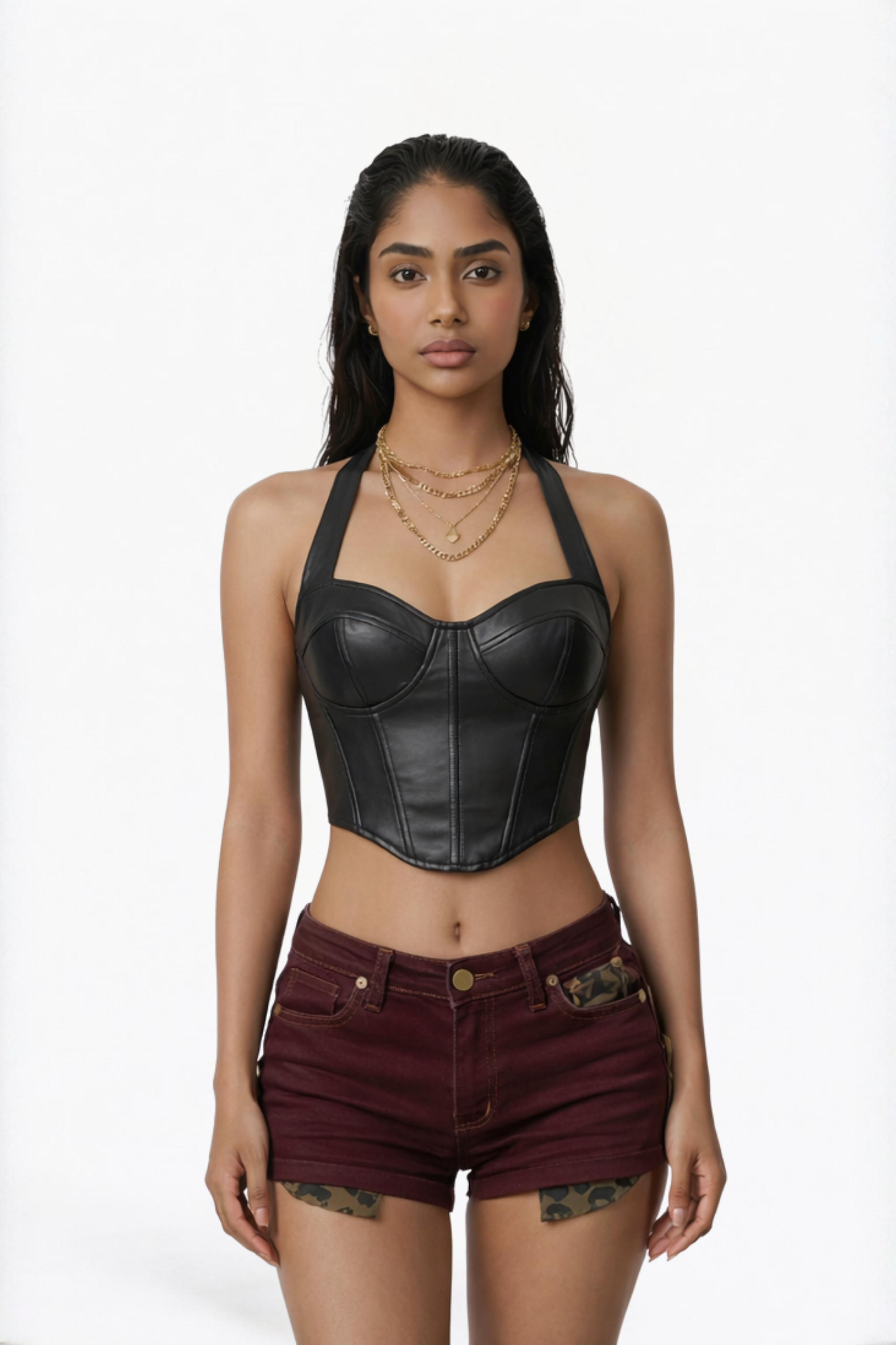 Burgundy Leopard Patch Denim Mini Shorts