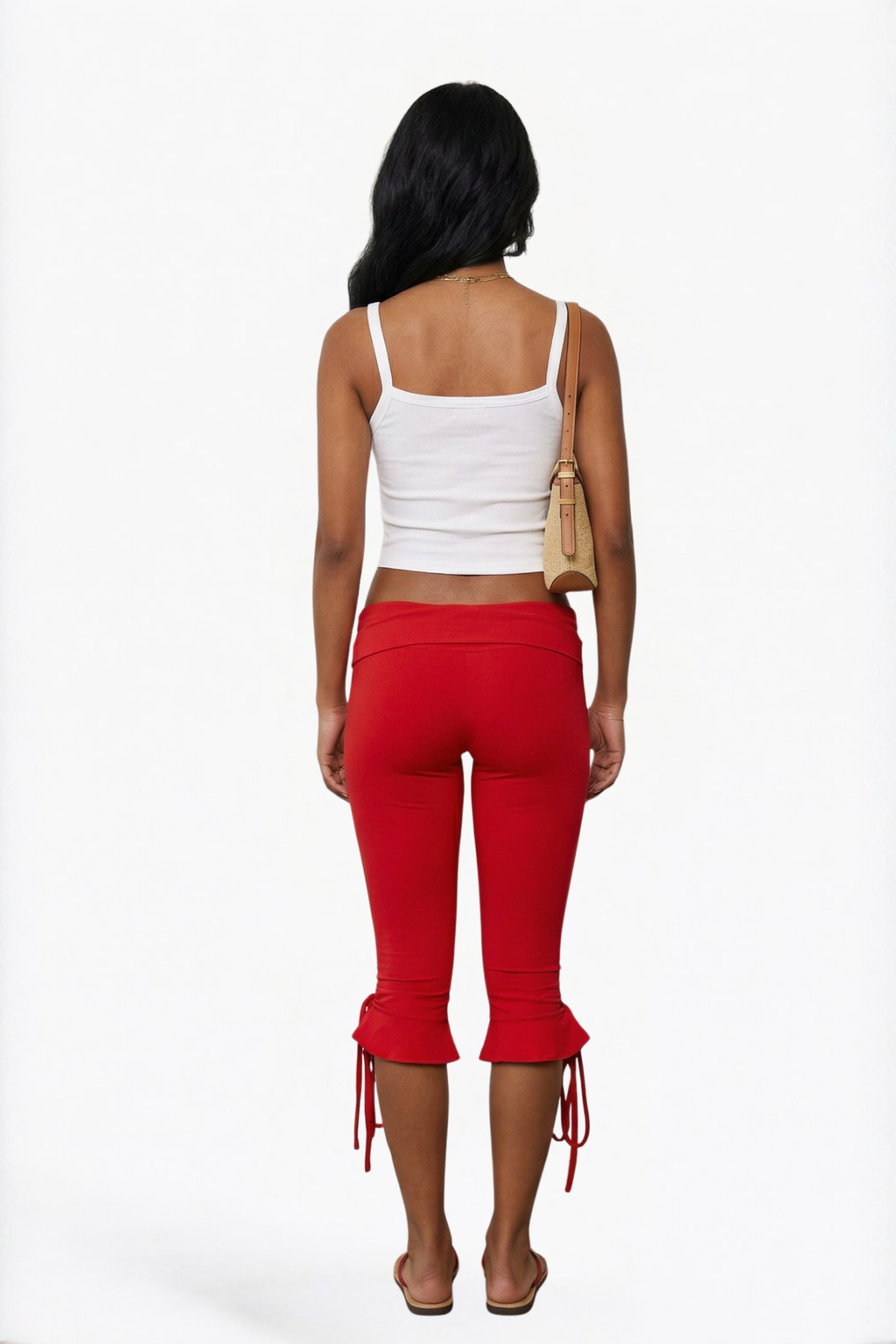 Red Ruffle-Hem Cropped Capri Leggings