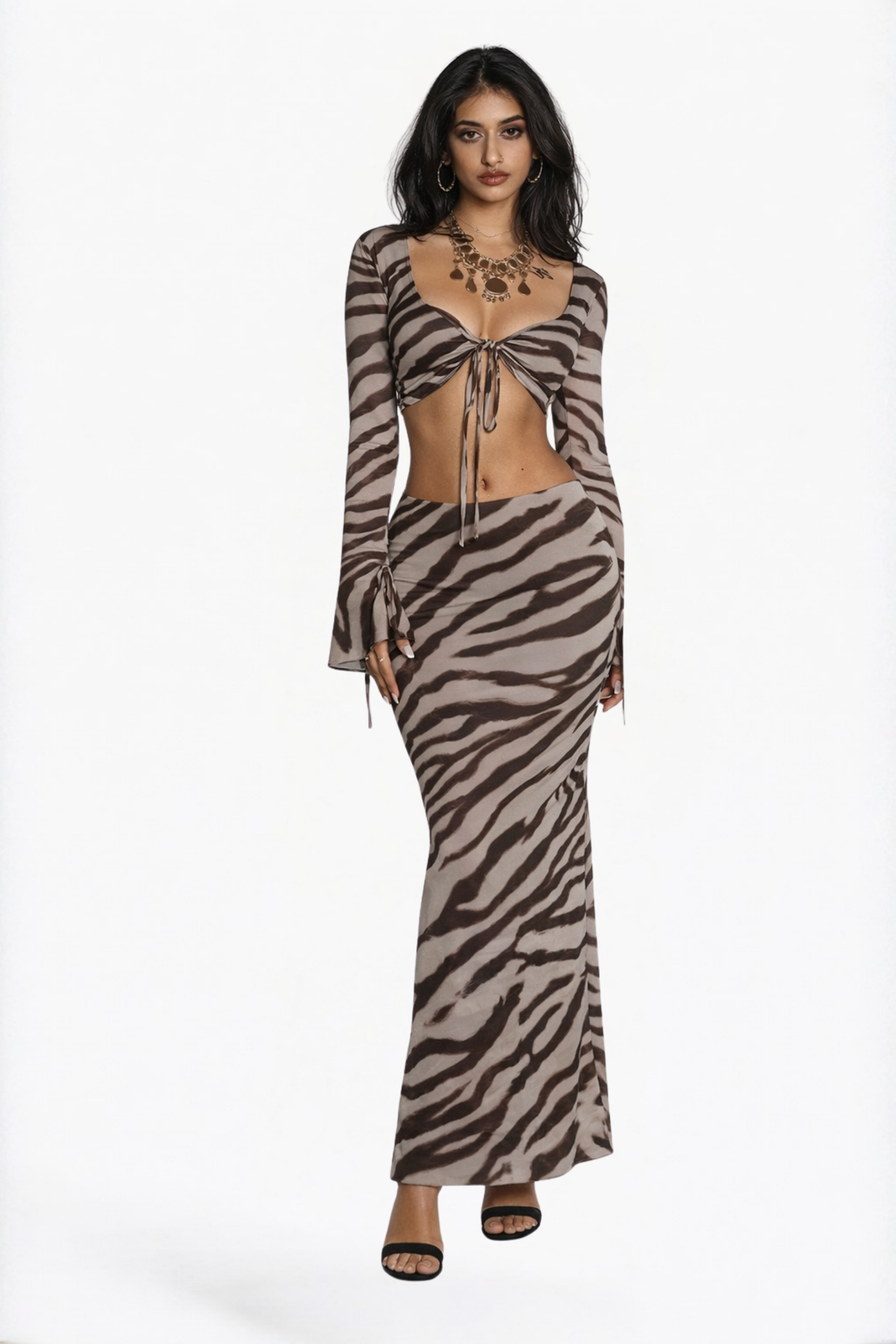 Brown Tiger Print Mesh Maxi Skirt