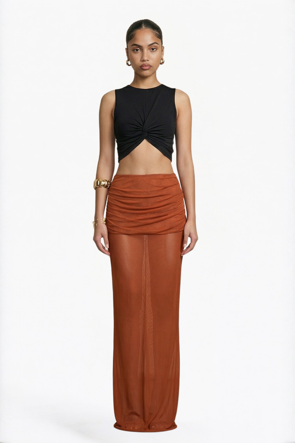 Rust Ruched Maxi Skirt